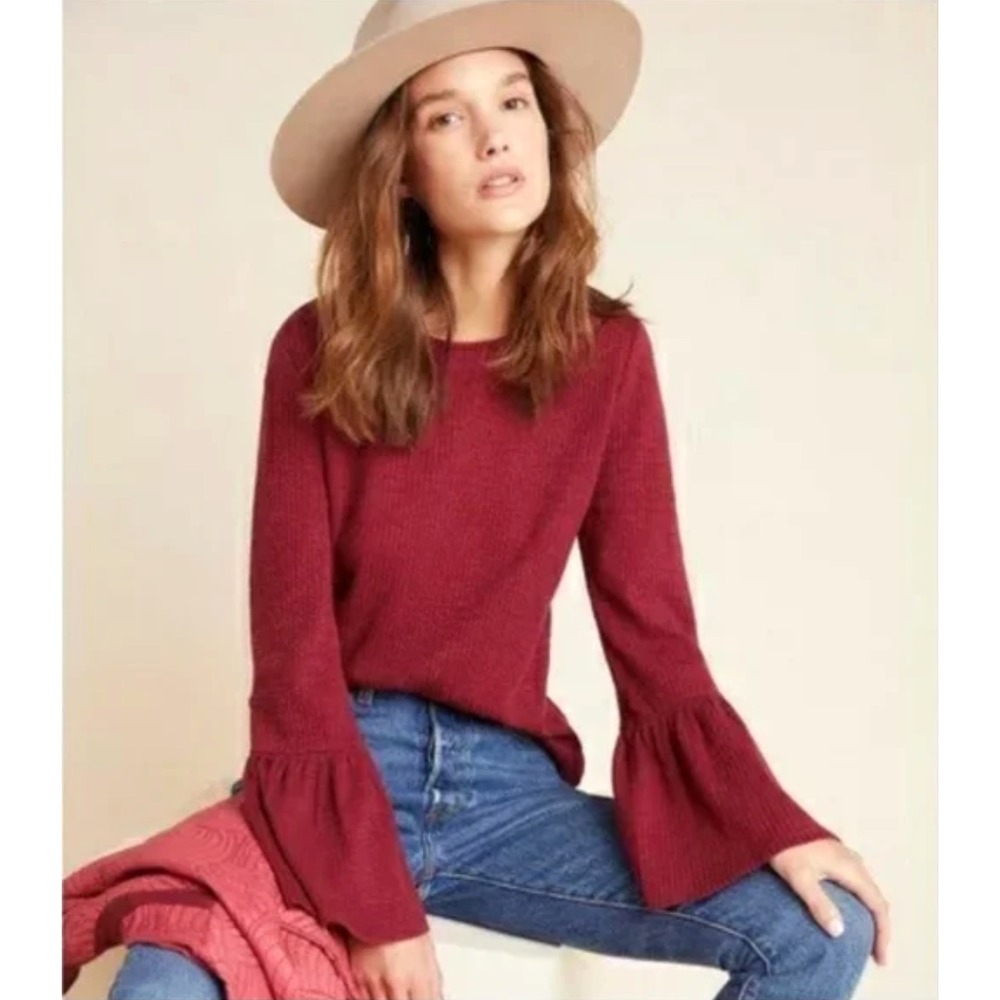 Anthropologie Porridge Bell Sleeve‎ Knit Top Small Burgundy Boho Stretch